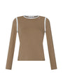 Brown long-sleeve top with white trim on a white background