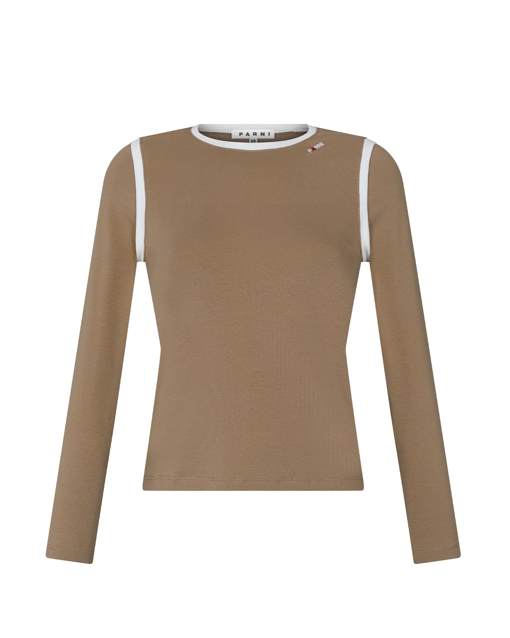 Brown long-sleeve top with white trim on a white background