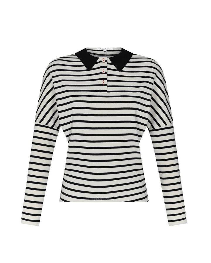 Black and white striped shirt with a collar on a white background