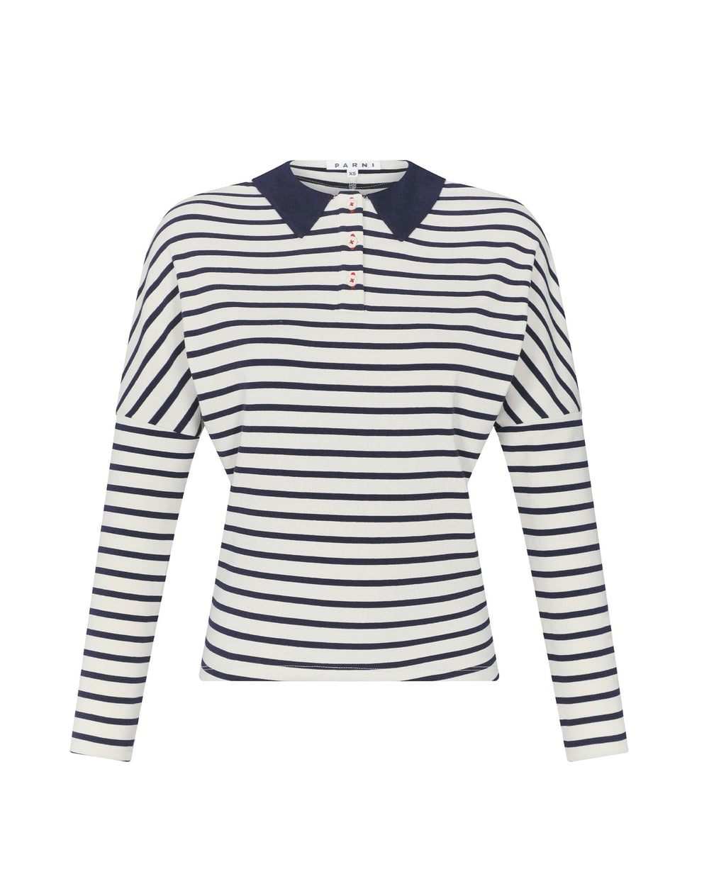 Navy and white striped long-sleeve shirt with a collar on a white background