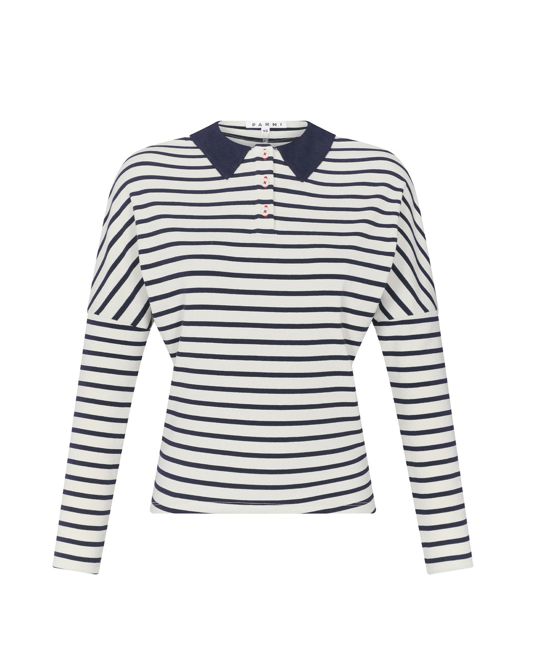 Navy and white striped long-sleeve shirt with a collar on a white background