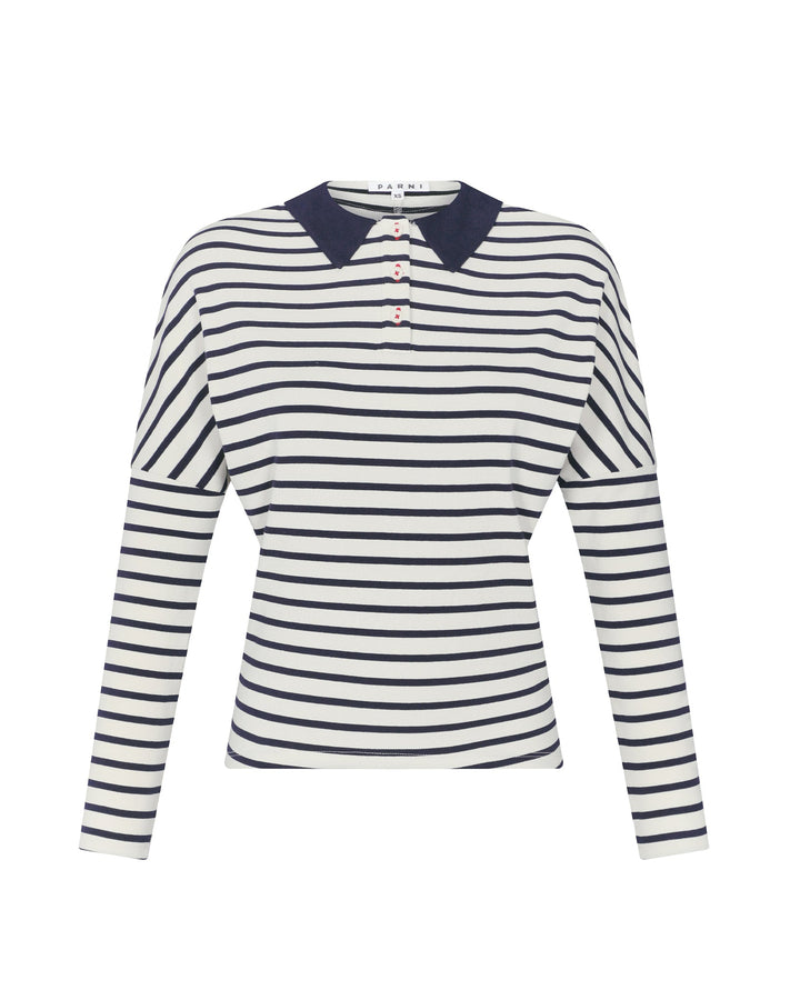 Navy and white striped long-sleeve shirt with a collar on a white background
