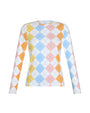 Long-sleeve shirt with a colorful diamond pattern on a white background