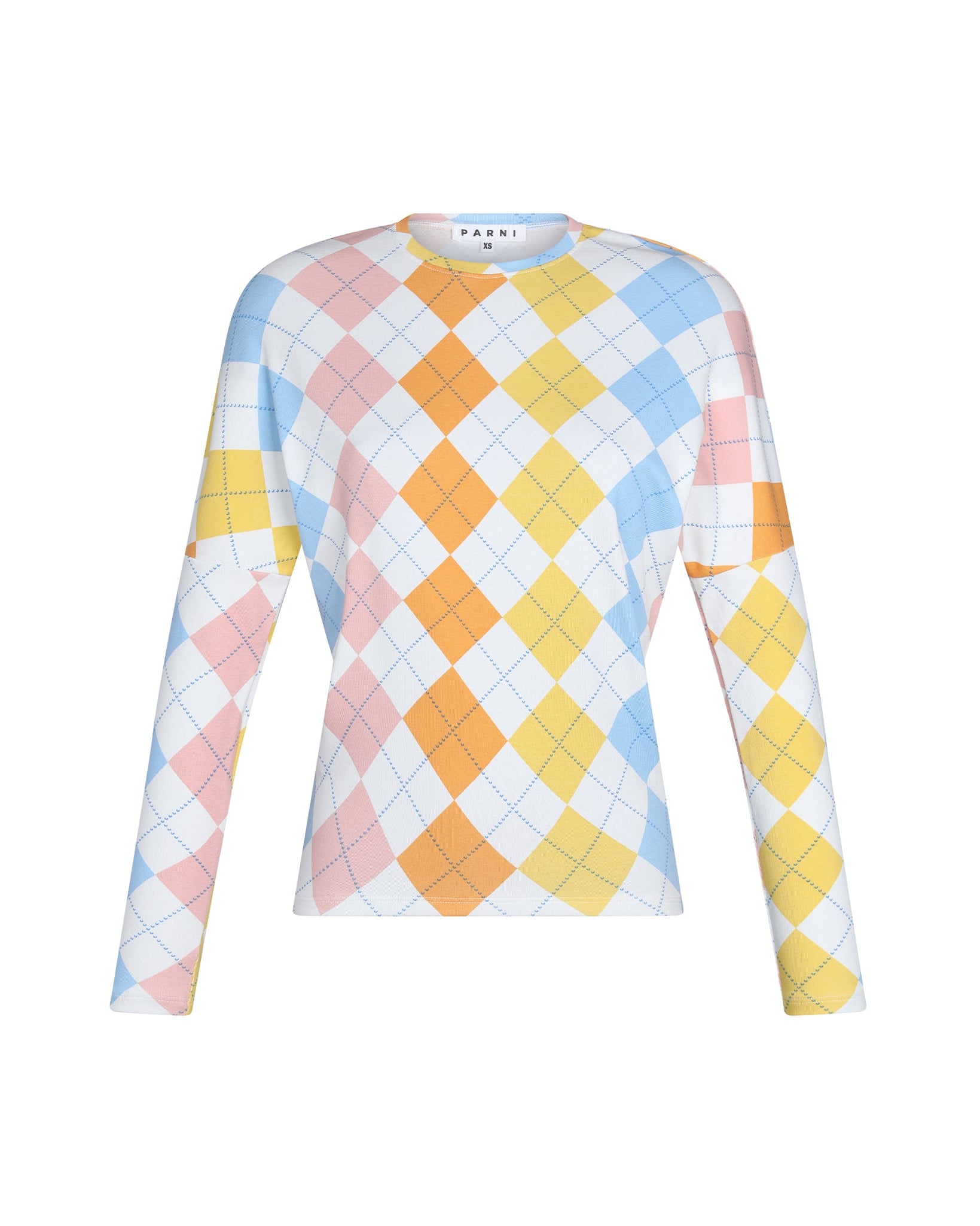 Colorful argyle pattern long-sleeve shirt on a white background