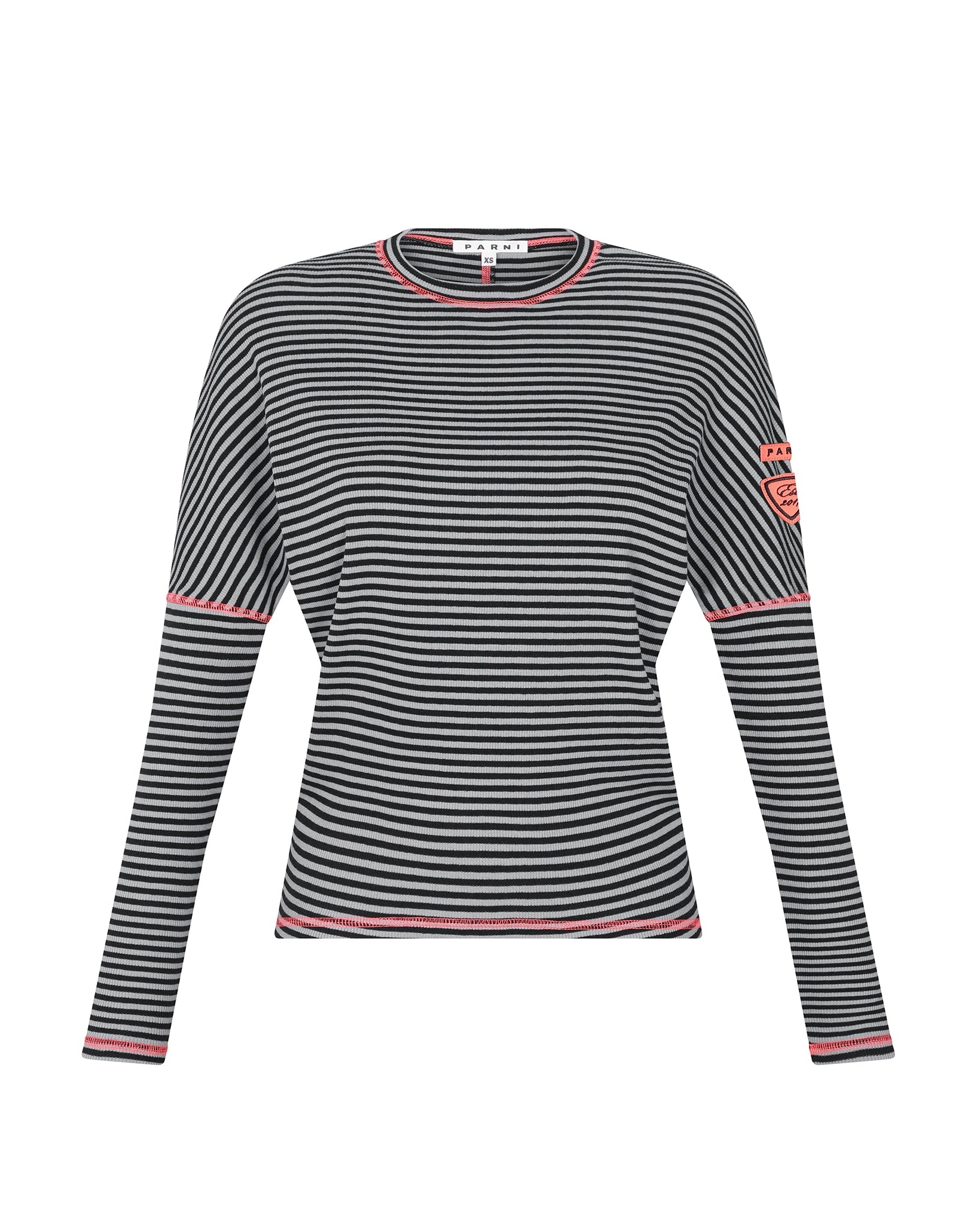 Black and white striped long-sleeve shirt with pink accents on a white background