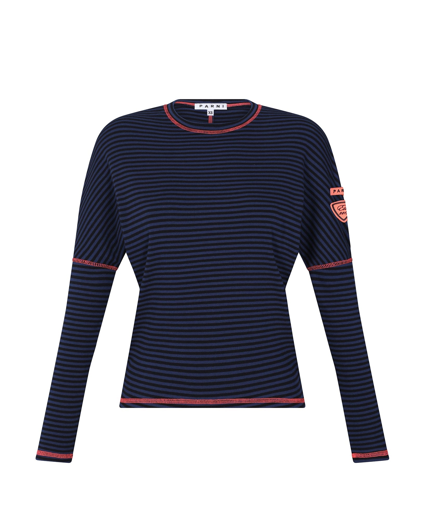 Navy and red striped long-sleeve shirt on a white background