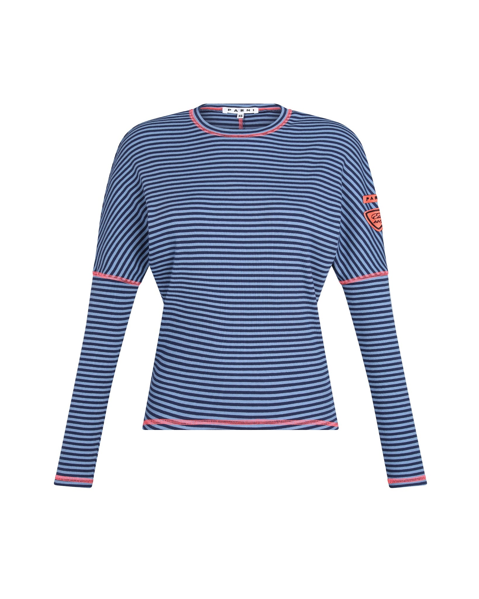 Blue and white striped long-sleeve shirt with red accents on a white background