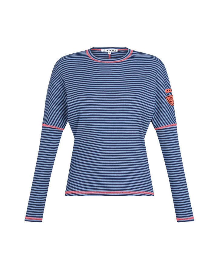 Blue and white striped long-sleeve shirt with red accents on a white background
