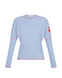 Blue and white striped long-sleeve shirt with a logo on a white background