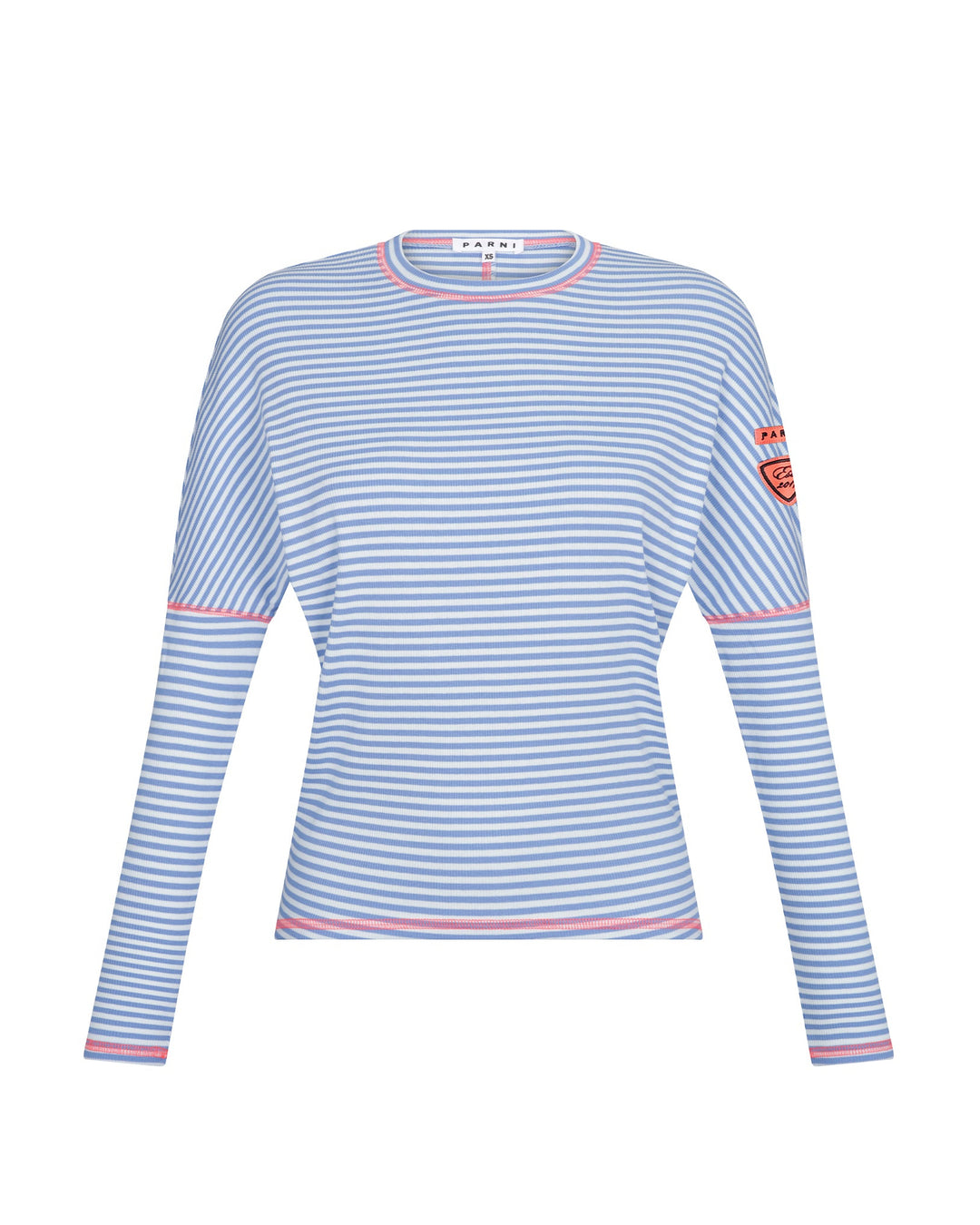 Blue and white striped long-sleeve shirt with a logo on a white background