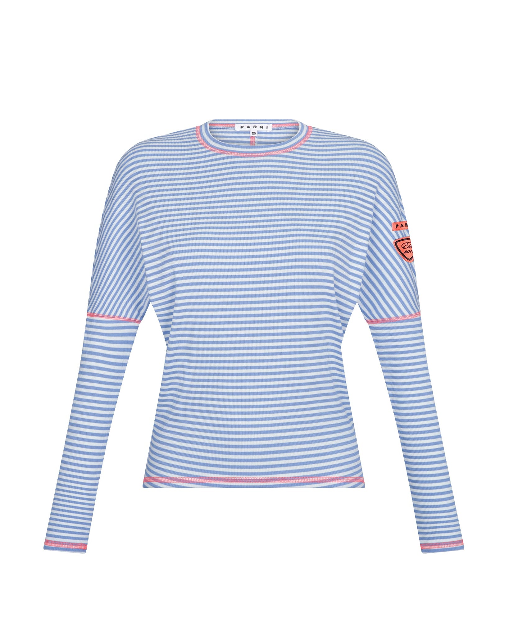 Blue and white striped long-sleeve shirt with a logo on a white background