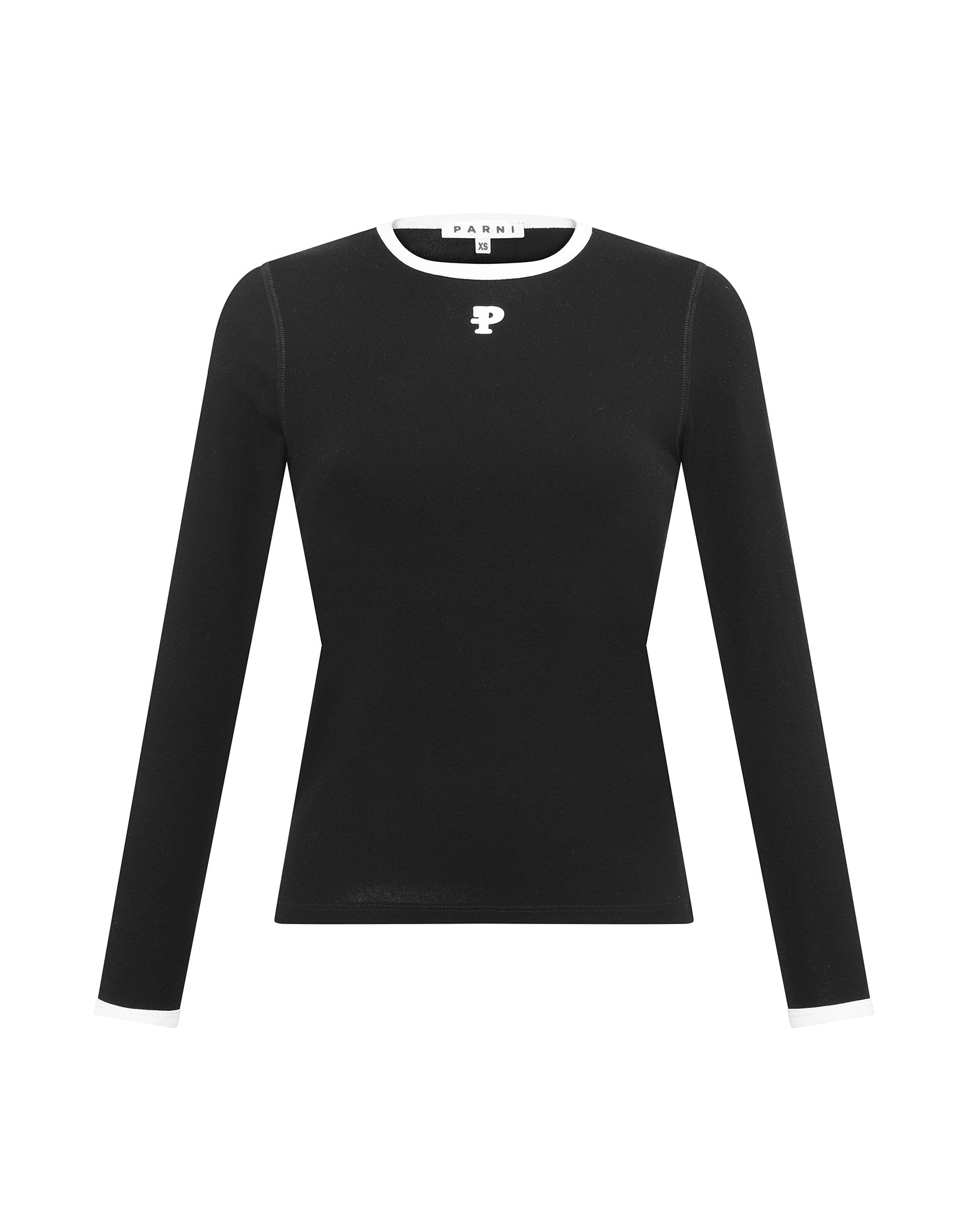Black long-sleeve shirt with a white logo on a white background