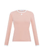 Pink long-sleeve top with white trim on a white background