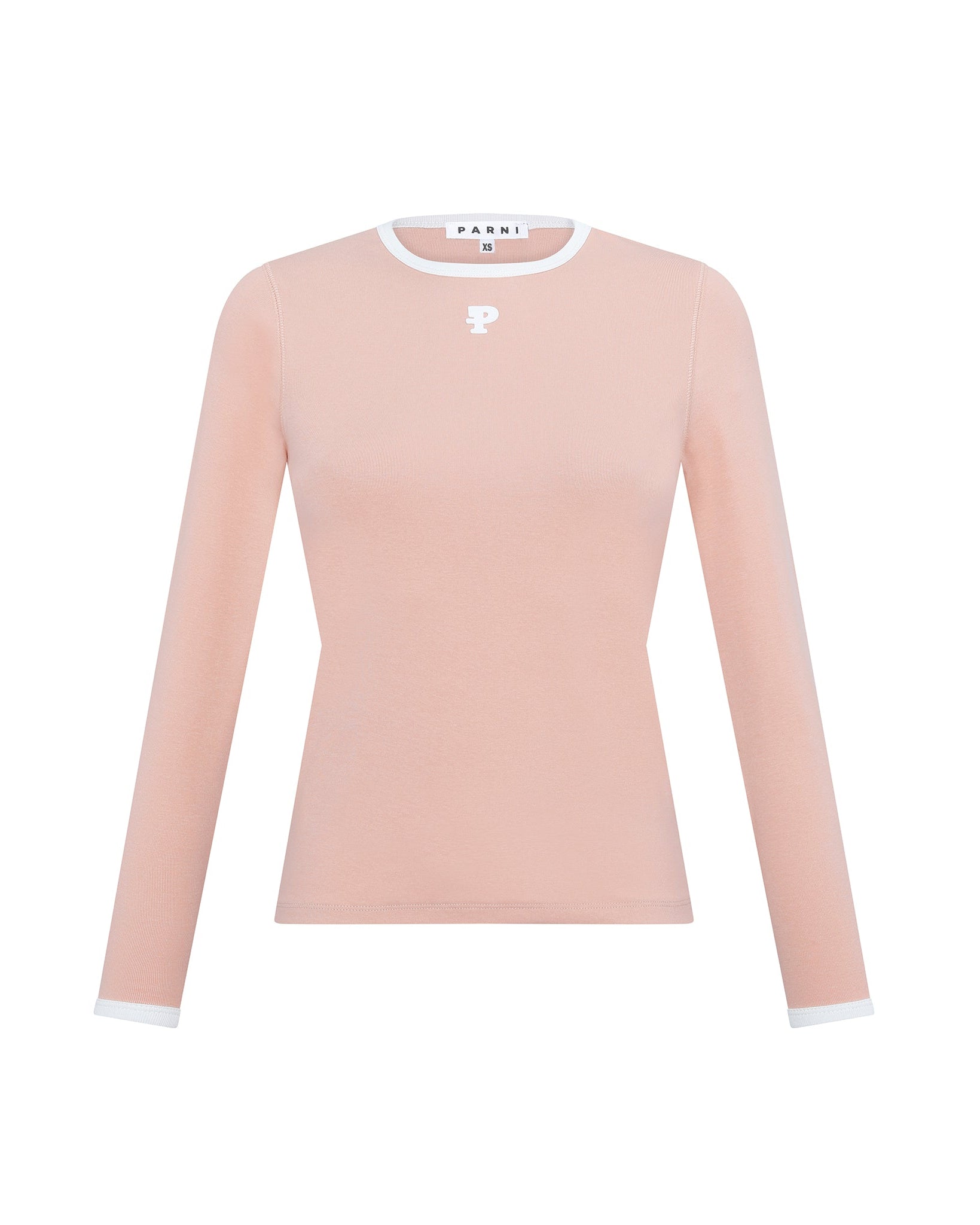 Pink long-sleeve top with white trim on a white background