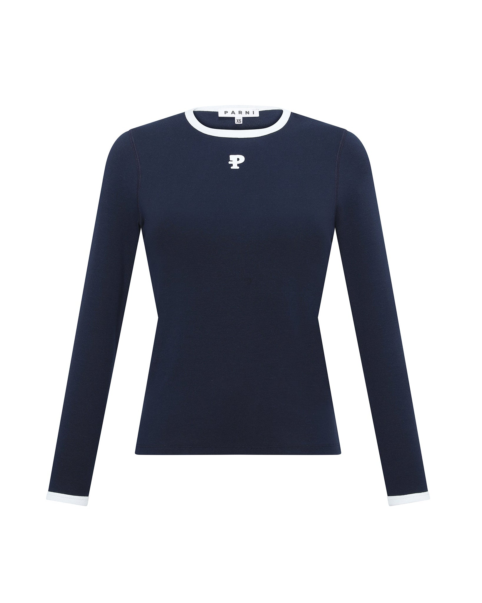 Navy long-sleeve shirt with a logo on a white background