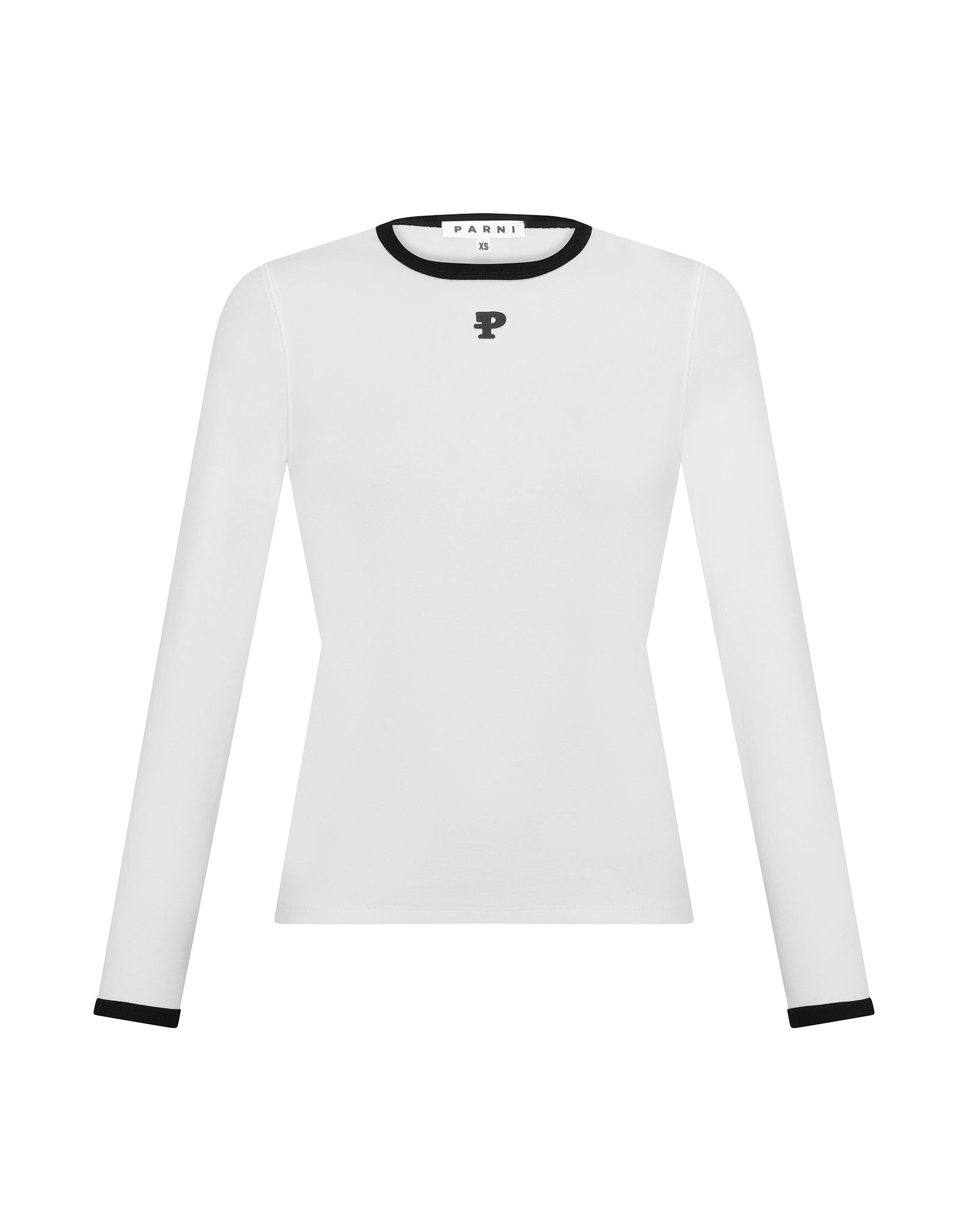 White long-sleeve shirt with black trim on a white background