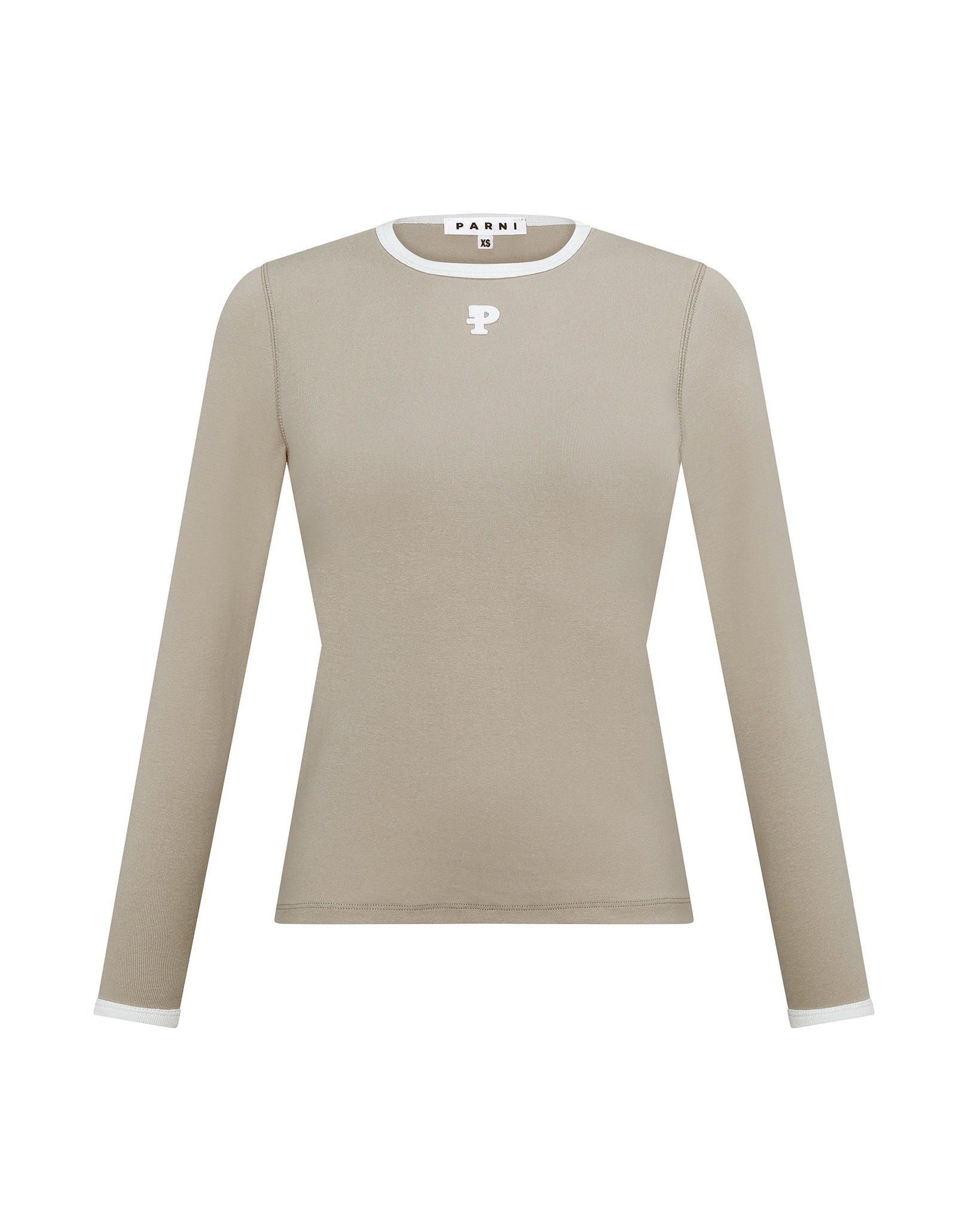 Beige long-sleeve shirt with white trim on a white background