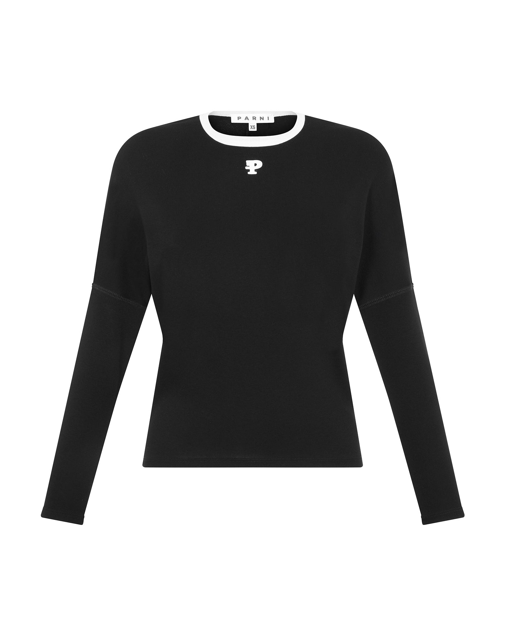 Black long-sleeve shirt with a logo on a white background