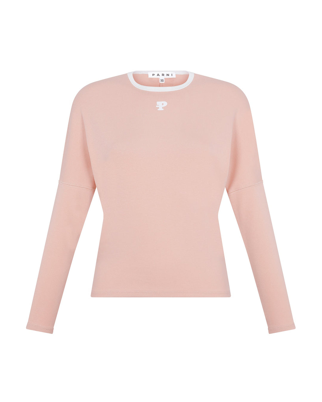Pink long-sleeve top with white collar on a white background