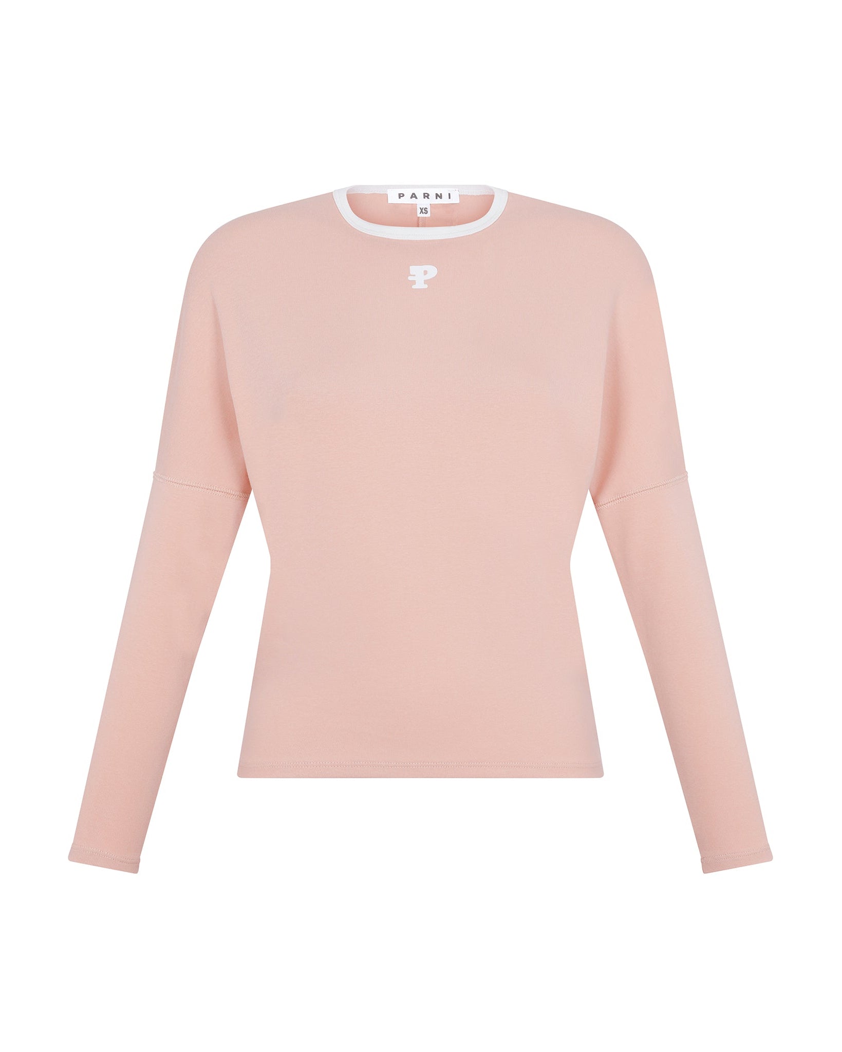 Pink long-sleeve top with white collar on a white background