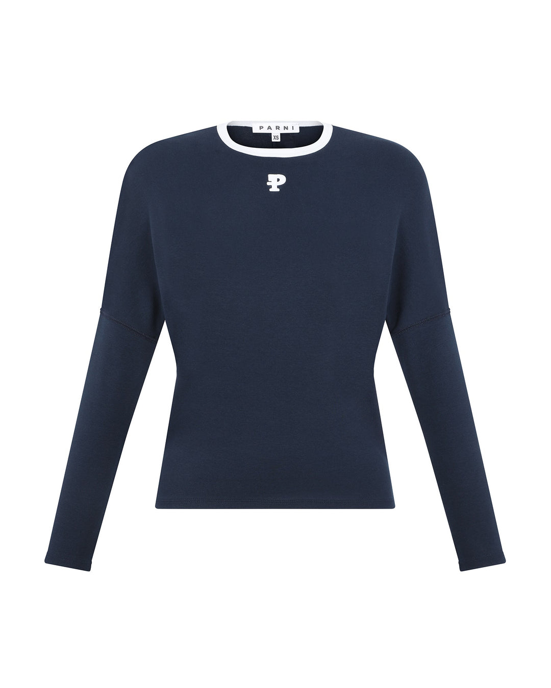 Navy blue long-sleeve shirt with a logo on a white background