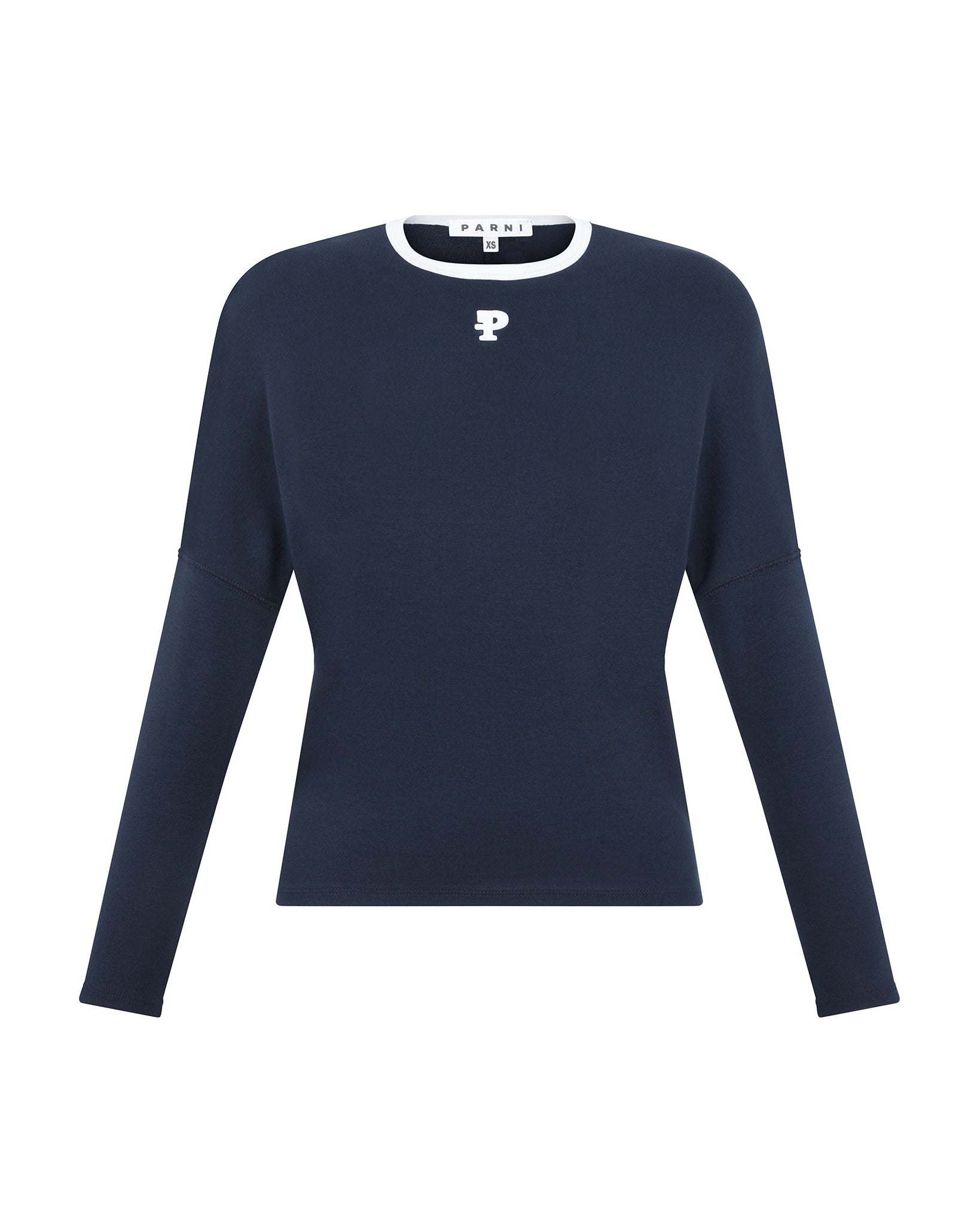 Navy blue long-sleeve shirt with a logo on a white background