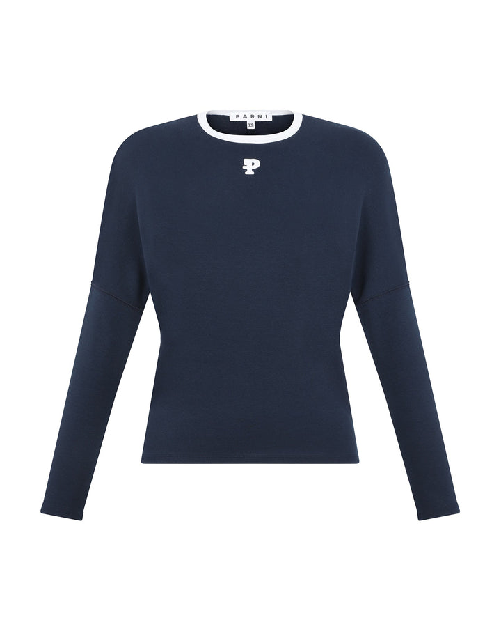 Navy blue long-sleeve shirt with a logo on a white background