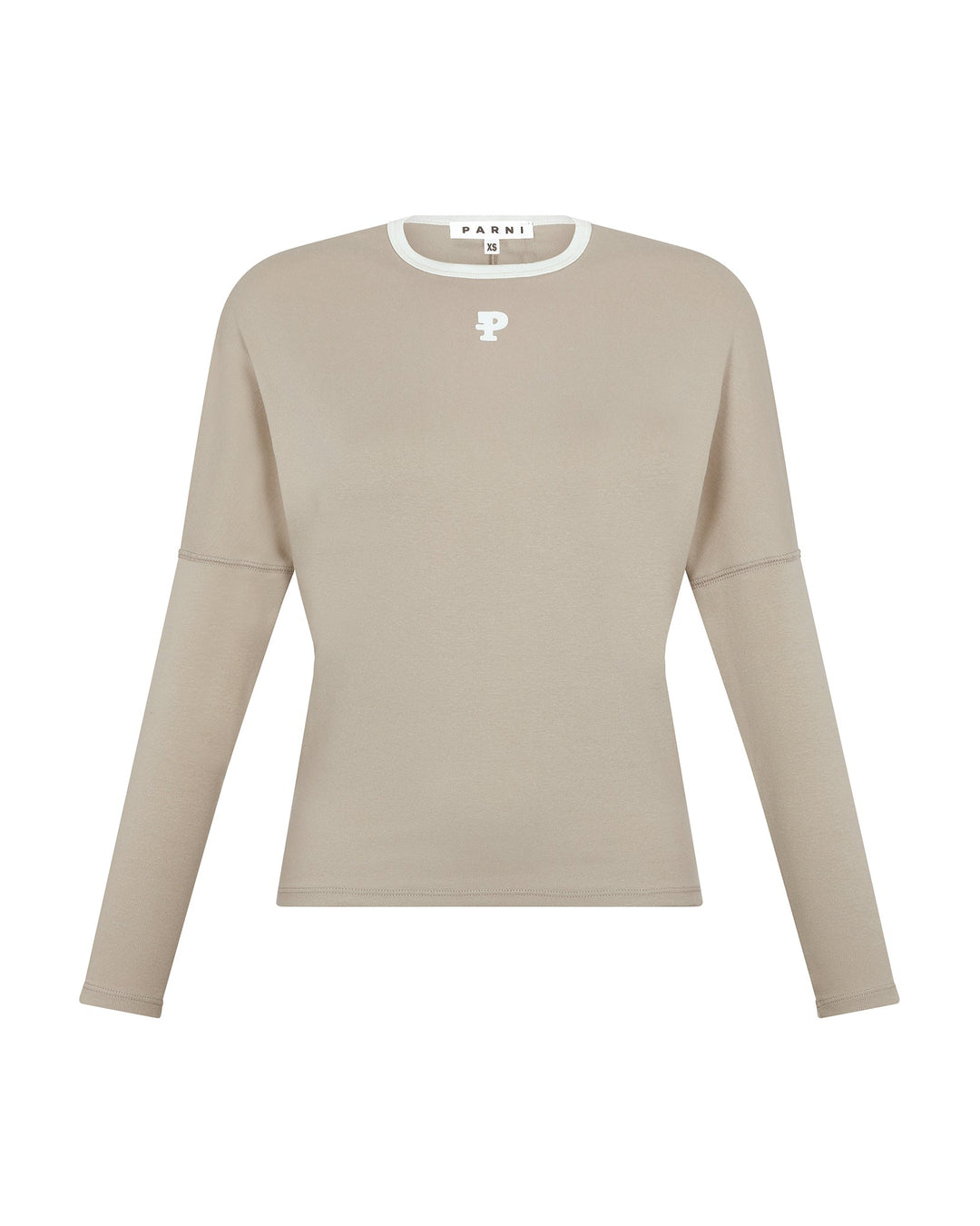 Beige long-sleeve top with a logo on a white background