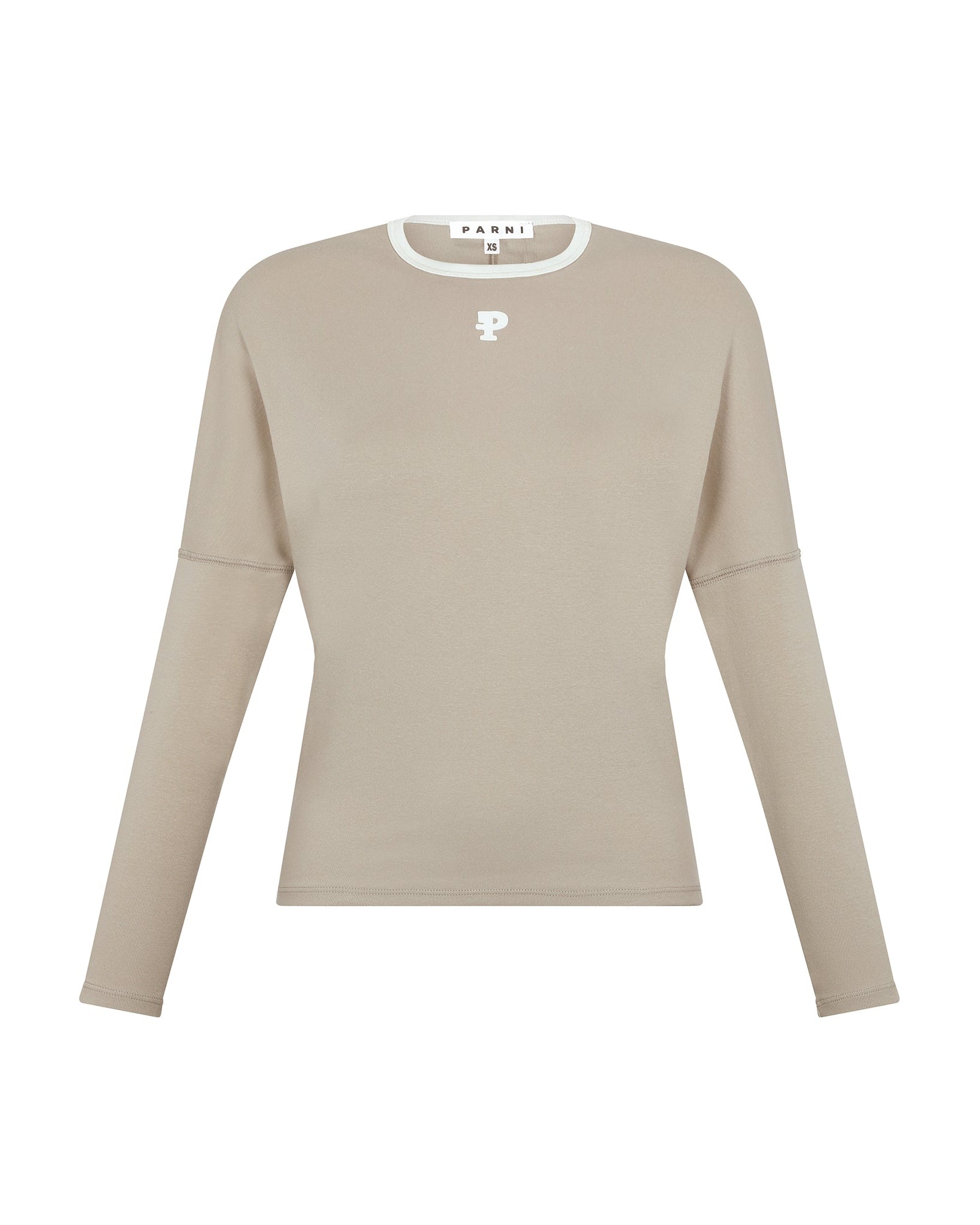 Beige long-sleeve top with a logo on a white background