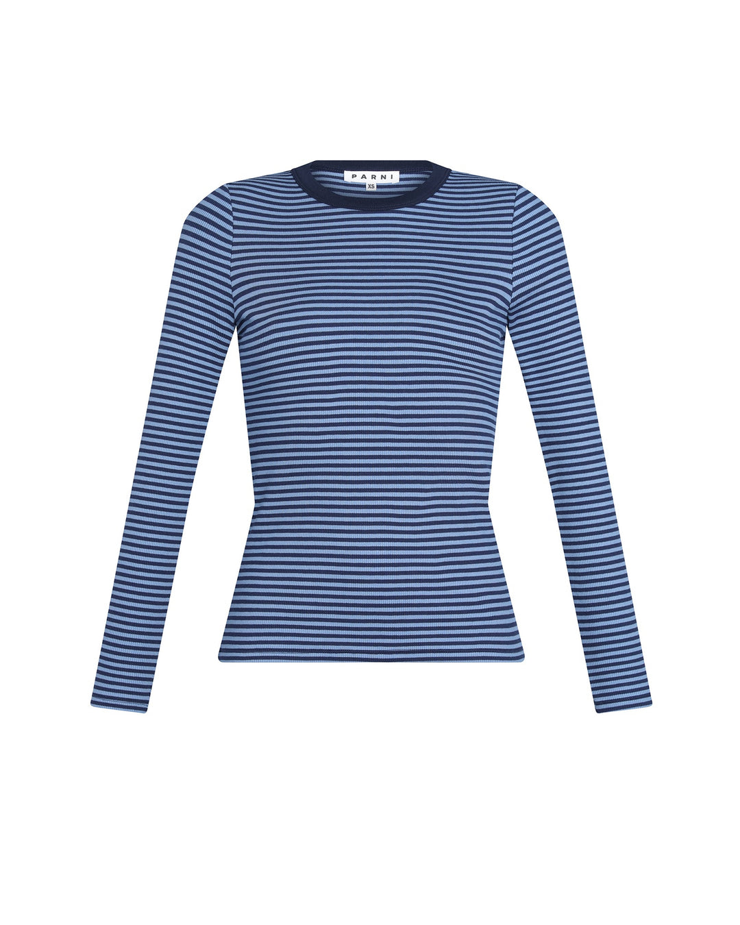 Blue and white striped long-sleeve shirt on a white background