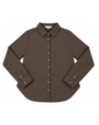 A dark brown long-sleeve button-down shirt with a subtle vertical textured stripe pattern, laid flat against a solid white background.