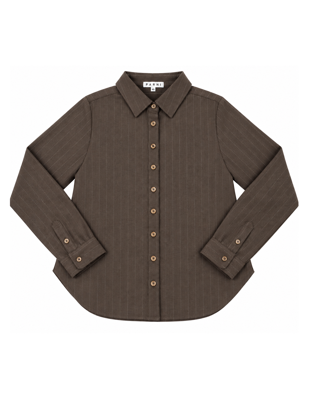 A dark brown long-sleeve button-down shirt with a subtle vertical textured stripe pattern, laid flat against a solid white background.