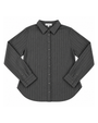 A dark gray long-sleeve button-up shirt with thin vertical white pinstripes, featuring a pointed collar and button cuffs, laid flat against a white background.