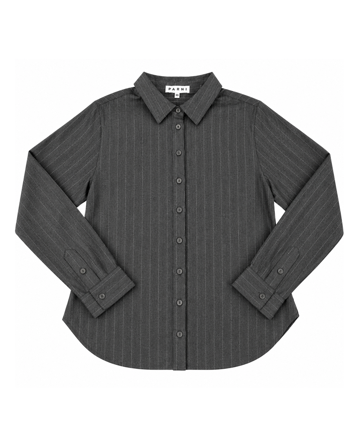 A dark gray long-sleeve button-up shirt with thin vertical white pinstripes, featuring a pointed collar and button cuffs, laid flat against a white background.