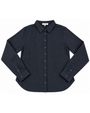 A dark navy blue long-sleeve button-up shirt with a subtle vertical textured stripe pattern, laid flat against a solid white background.