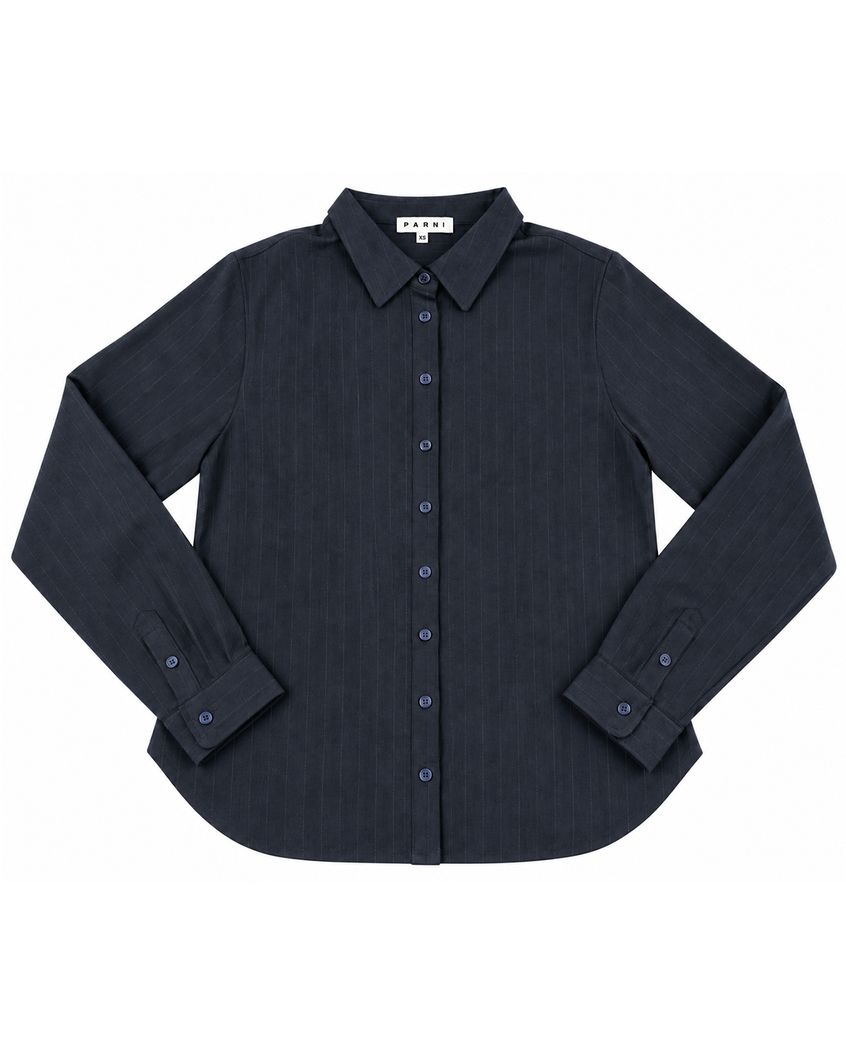 A dark navy blue long-sleeve button-up shirt with a subtle vertical textured stripe pattern, laid flat against a solid white background.