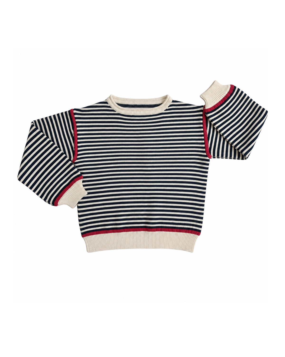 Stripe black and cream sweater with red accent stripe on a white background.