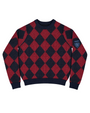 A long-sleeve crewneck sweater featuring a red and navy blue diamond argyle pattern, with a shield-shaped navy patch on the left sleeve that reads 'Parni'.