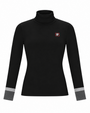 A black long-sleeve mock neck top with a small red and white logo on the left chest and gray ribbed cuffs, shown on a plain white background.