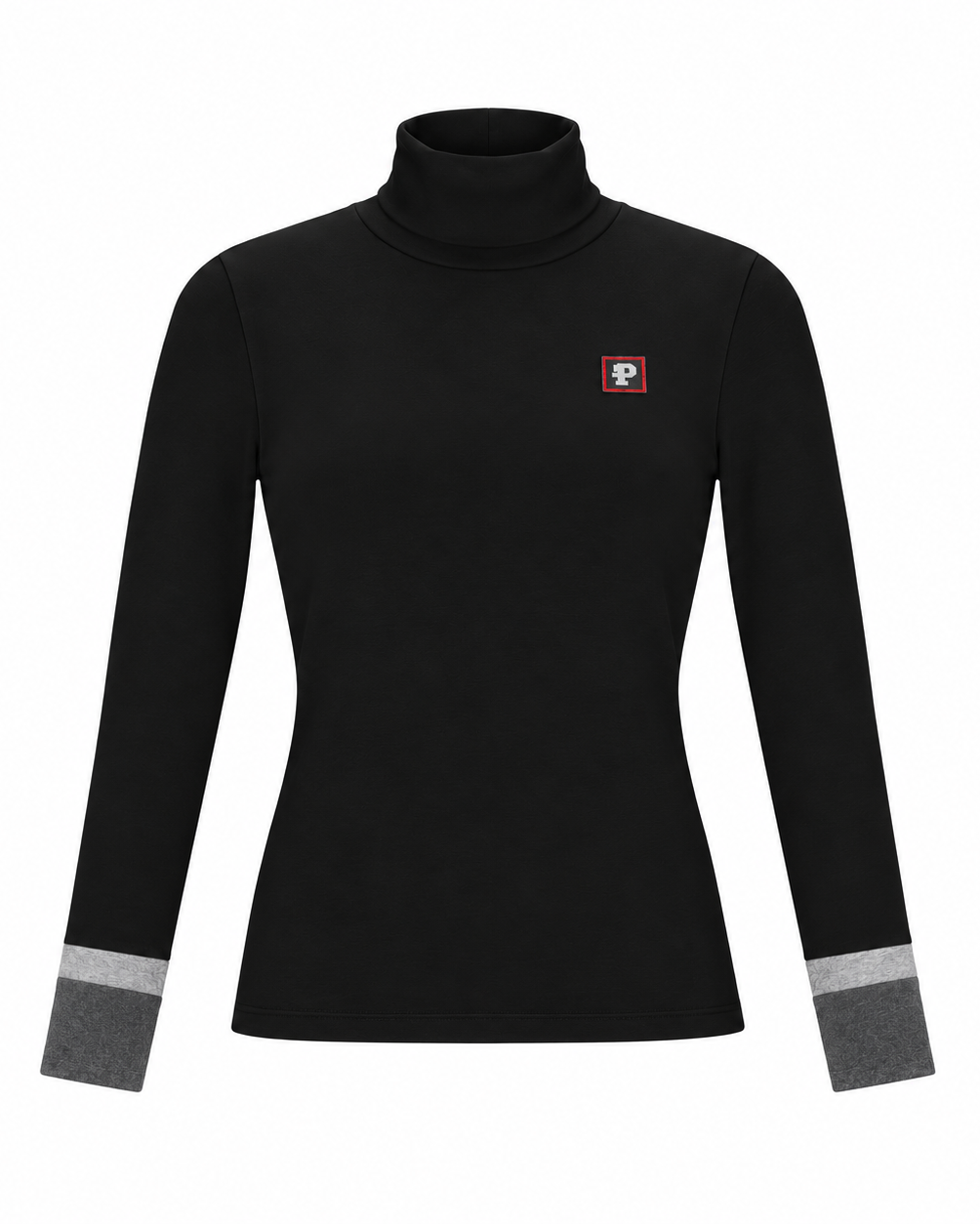 A black long-sleeve mock neck top with a small red and white logo on the left chest and gray ribbed cuffs, shown on a plain white background.