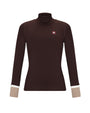 A dark brown long-sleeve turtleneck top with beige ribbed cuffs and a small red and white logo patch on the left chest, displayed on a clean white background.