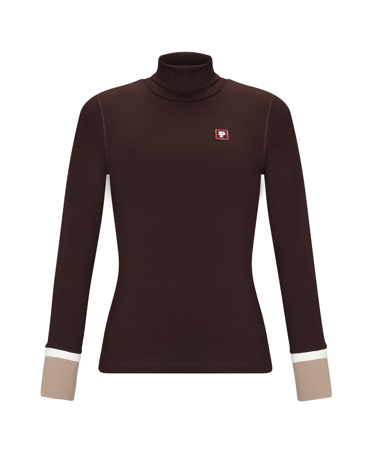A dark brown long-sleeve turtleneck top with beige ribbed cuffs and a small red and white logo patch on the left chest, displayed on a clean white background.