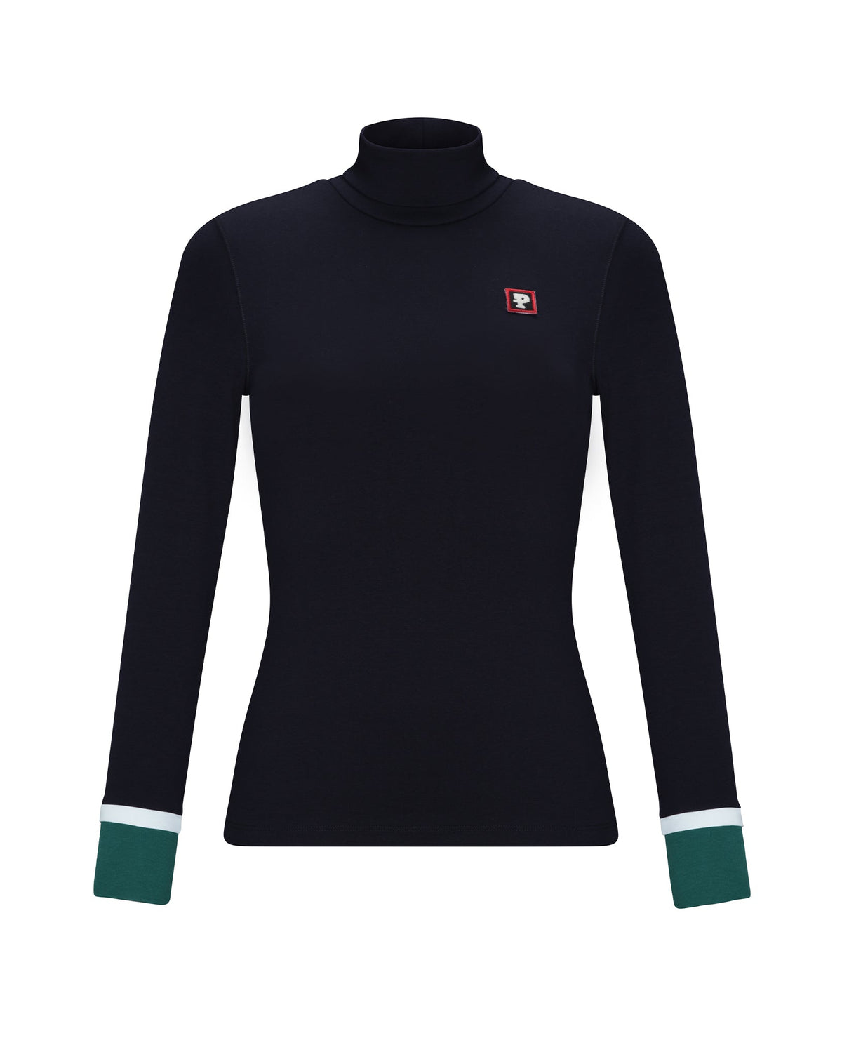 A women's long-sleeve mock neck top in black, featuring a small red and white logo patch on the left chest and contrasting green and white striped cuffs.