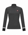 A dark gray long-sleeve mock neck top with a small red and white logo patch on the left chest and contrasting black cuffs with light gray stripes, shown on a plain white background.