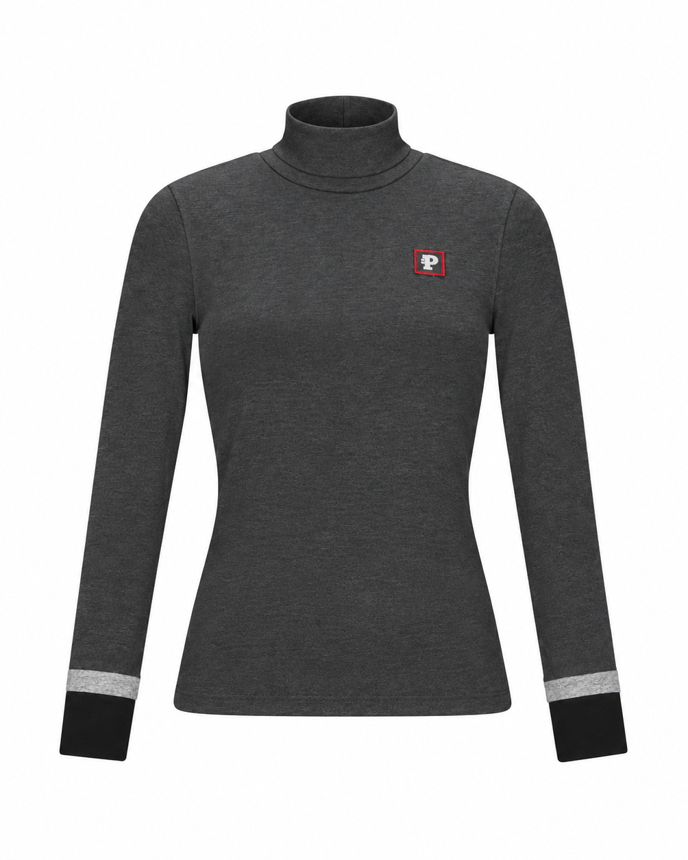 A dark gray long-sleeve mock neck top with a small red and white logo patch on the left chest and contrasting black cuffs with light gray stripes, shown on a plain white background.