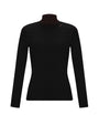 A black long-sleeve mock neck top with a contrasting dark brown inner collar, shown on a plain white background.