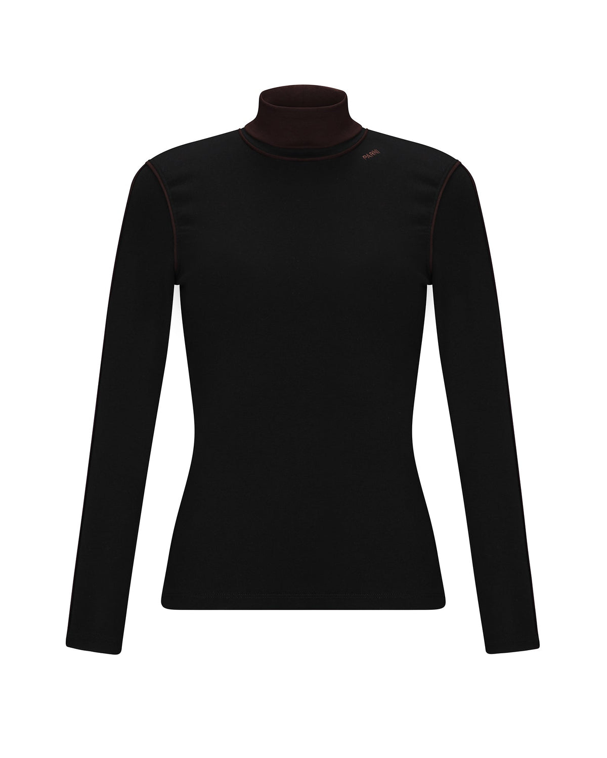 A black long-sleeve mock neck top with a contrasting dark brown inner collar, shown on a plain white background.