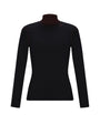 A black long-sleeve mock neck athletic top with subtle dark red piping and a small red logo on the left chest, displayed on a clean white background.
