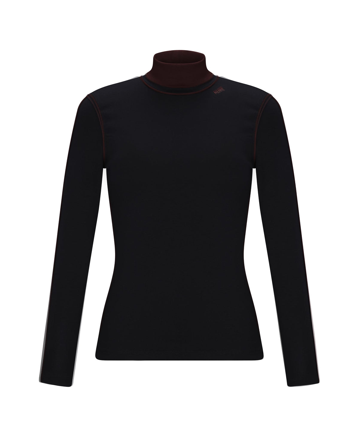 A black long-sleeve mock neck athletic top with subtle dark red piping and a small red logo on the left chest, displayed on a clean white background.