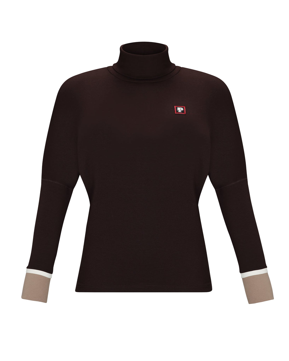 A dark brown long-sleeve turtleneck top with beige ribbed cuffs and a small red and white logo patch on the left chest, displayed on a clean white background.